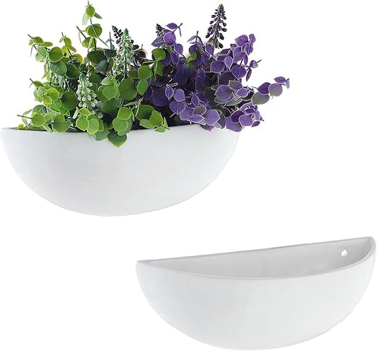 MyGift White Ceramic Wall Planters for Indoor Plants, Half Bowl Hanging Vase, Wall Mounted Succulent Planters, Set of 2-VerdiqueGarden