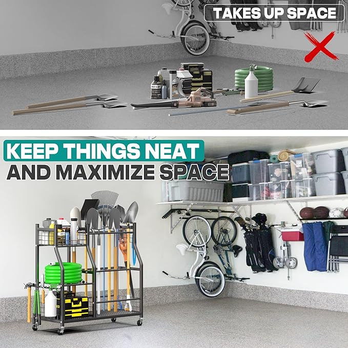 EVERHANGER Garden Tool Organizer Stand, Garage Tool Storage Organization, Yard Tool Racks with lockable wheels, Fit for Long-Handled Tools/Rakes/Brooms-VerdiqueGarden