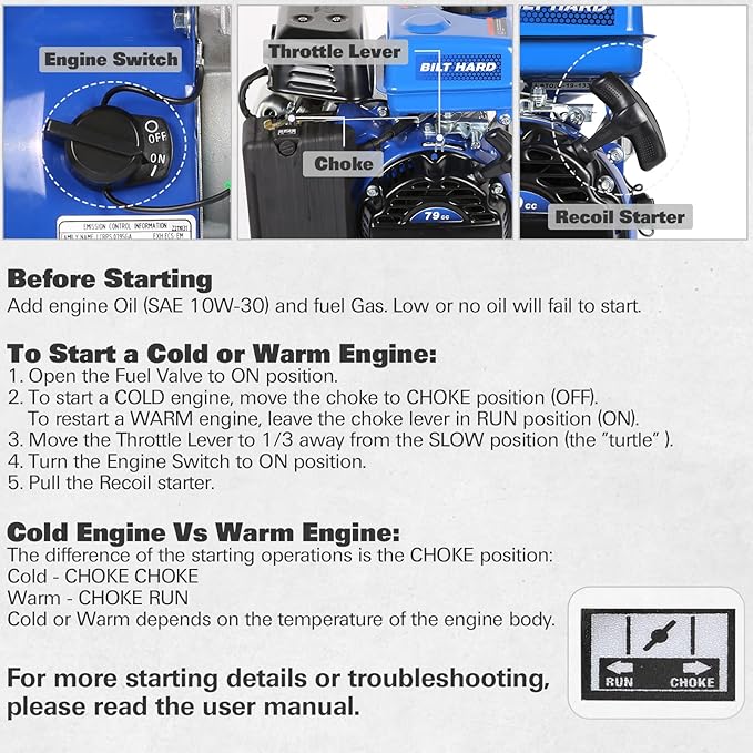 BILT HARD Gas Engine 79cc 2 HP, Gas Motor for Log Splitter, Pressure Washer and Water Pump, EPA & CARB Certified, 4 Stroke OHV Horizontal Shaft with Recoil Start-VerdiqueGarden