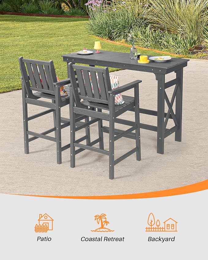 41" Outdoor Bar Table, HDPE Adirondack Outdoor Bar Table, All Weather Outside Bar Counter Height Tables Balcony Furniture, HDPE Patio Bar Tables for Bistro, Deck, Porch, Poolside, Smoke Gray-VerdiqueGarden