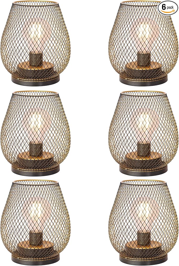 DECORKEY Set of 6 Battery Operated Lamp LED Table Lantern, Golden Metal Cage Cordless Lamps with LED Bulb, Vintage Decorative Outdoor Lantern for Weddings, Party, Patio, Events for Indoors Shelf Decor-VerdiqueGarden