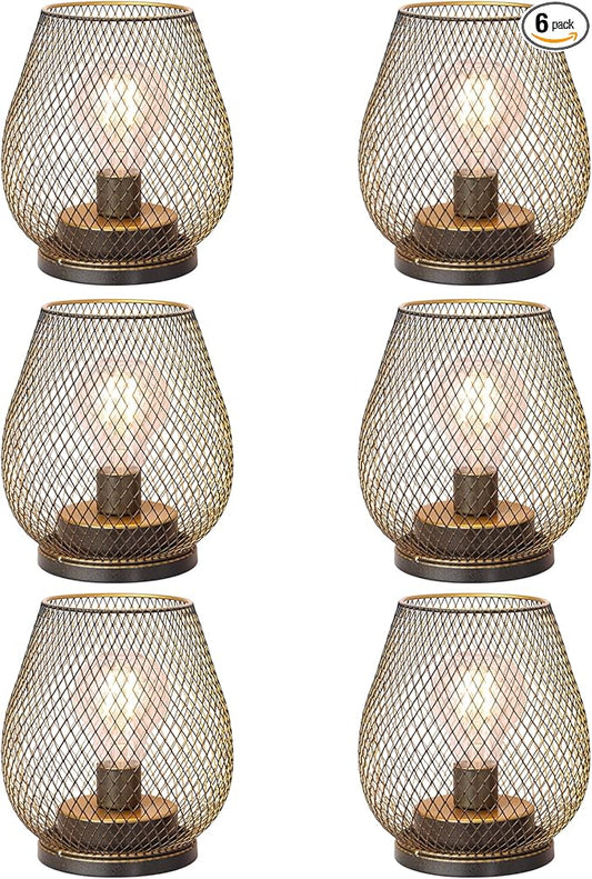 DECORKEY Set of 6 Battery Operated Lamp LED Table Lantern, Golden Metal Cage Cordless Lamps with LED Bulb, Vintage Decorative Outdoor Lantern for Weddings, Party, Patio, Events for Indoors Shelf Decor-VerdiqueGarden