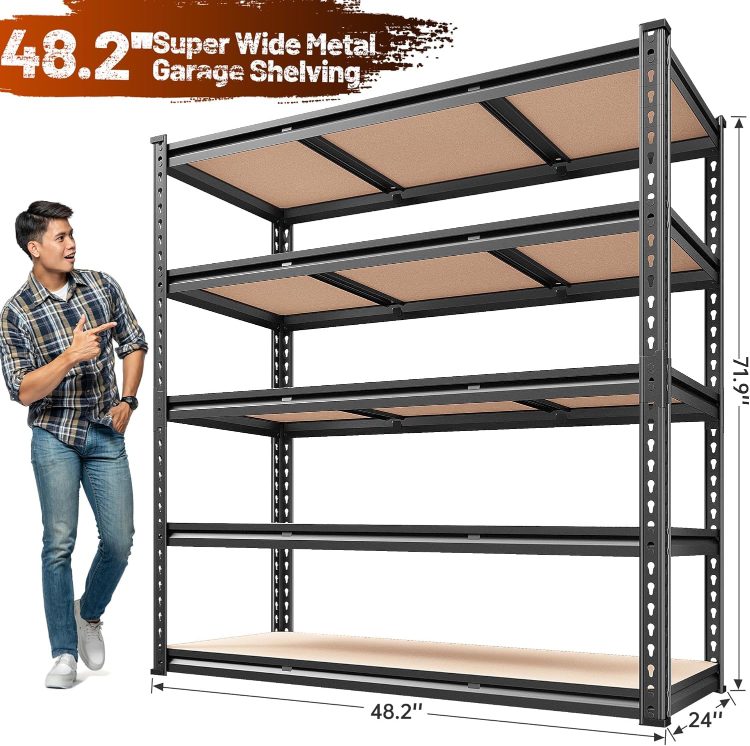 REIBII 48.2" W Garage Shelving, Storage Shelves Load 3000LBS, Adjustable Garage Shelving Heavy Duty for Pantry, Basement, Warehouse, 48.2" W X 71.9" H X 24" D, Black-VerdiqueGarden