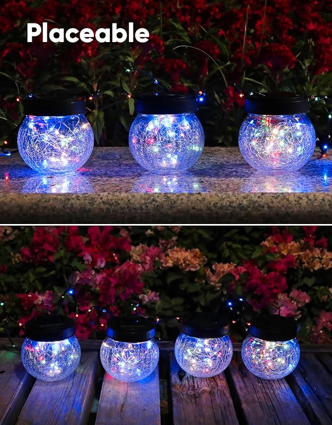 PARTPHONER Solar Lantern Solar Lights Outdoor Waterproof 2-Pack, Solar Powered Hanging Lights Cracked Glass Hanging Globes for Christmas Decoration, Shepherd Hook, Garden Tree Ornaments,Muiti-Color-VerdiqueGarden