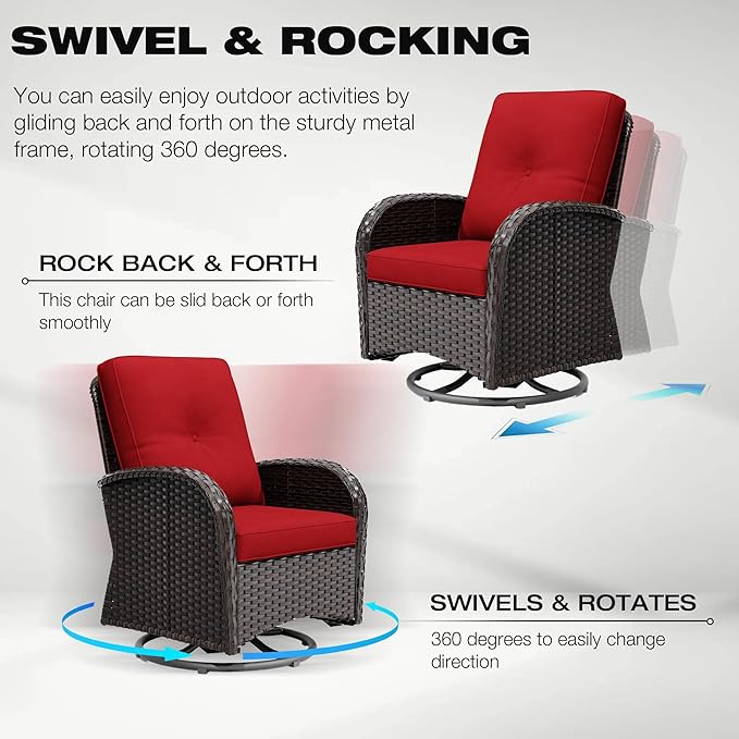 Joyside 5 Piece Patio Furniture Set, Outdoor Swivel Chair Sets with Thick Cushion and Ottoman, Wicker Patio Conversation Set for Porch, Deck Use (Brown/Red, 5 PCS)-VerdiqueGarden