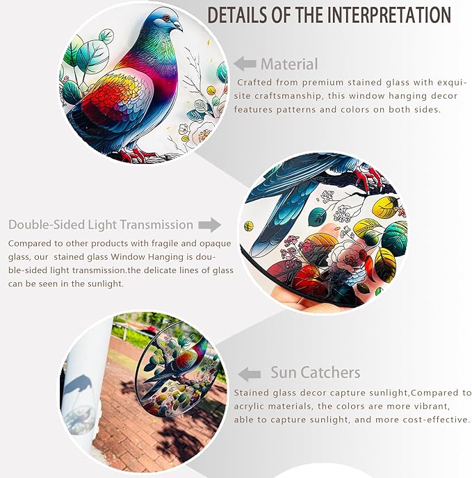 RIVEENY Stained Glass Window Hangings,8" Suncatcher Stained Glass Window Panels,Stained Panel Hangings Gift Women Girls Thanksgiving Birthday Gifts for Mom Grandma (Pigeon)-VerdiqueGarden