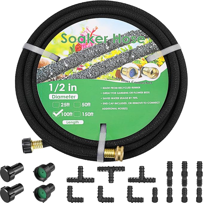 MAMIZO Soaker Hose Kit 100 ft 1/2", Solid Brass Connectors Rubber Longer Lasting, Heavy Duty Drip Hose to Save 70% Water, Soaker Hose for Garden, Lawn and Yard-VerdiqueGarden