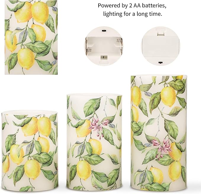 Flameless Candles Lemon Decor Battery Operated Lights with Remote Real Wax Flicker Electric Pillar Fake Candle for Home Bridal Shower Coffee Table Party Decorations Birthday Gifts for Women-VerdiqueGarden