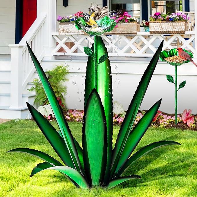 [2024 Upgraded] Large Metal Agave Yard Art, Tequila Rustic Sculpture, Hand Painted Metal Agave Plants with Bird Feeder, Garden Sculpture Statue Outdoor Decor (Green)-VerdiqueGarden