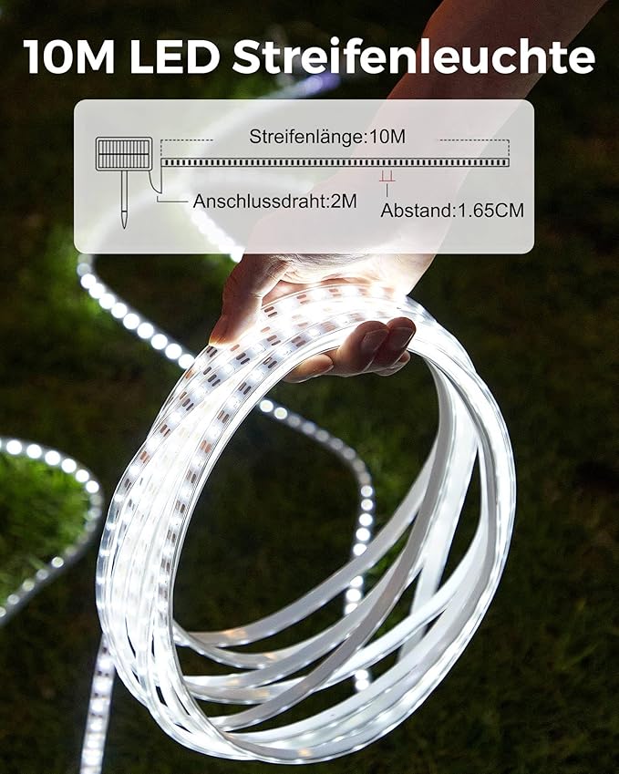 32.8FT 600LED Solar LED Strip Lights Outdoor, Outdoor String Lights Waterproof, 8 Modes Solar Rope Lights with Remote for Step, Stair, Deck, Fence, Patio,Yard Decor (Cool White, 32.8 FT)-VerdiqueGarden