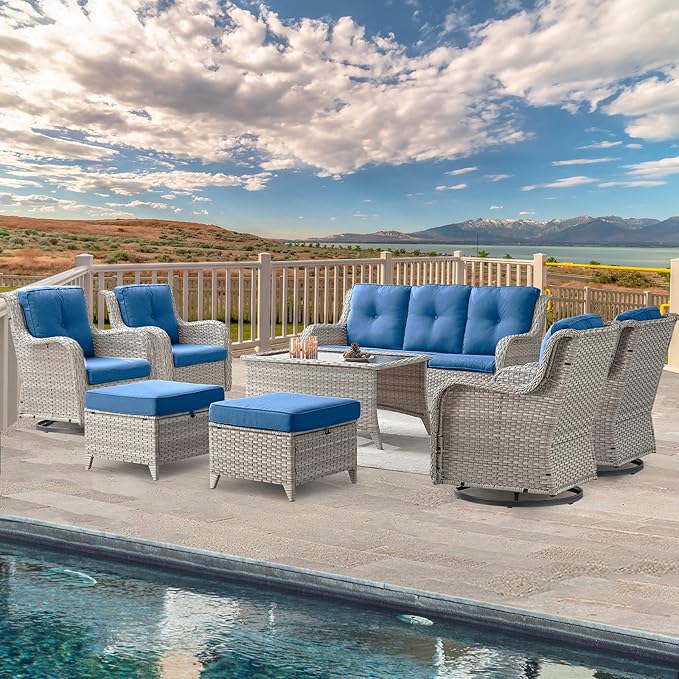 Wicker Patio Furniture Sets - 8 Piece Outdoor Rattan Furniture Conversation Sets with 4 Swivel Rocker Chairs, Rattan Sofa, Wicker Ottomans and Coffee Table, Light Grey/Blue-VerdiqueGarden