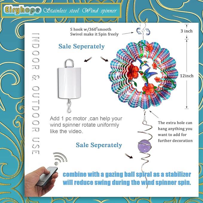 Hummingbird Wind Spinner - Hummingbird Gift for Women Men, Metal Wind Spinners for Outdoor & Indoor Decoration 12in 3D Hanging Bird Wind Catcher Unique Garden Decor Kinetic Yard Art Ornament-VerdiqueGarden