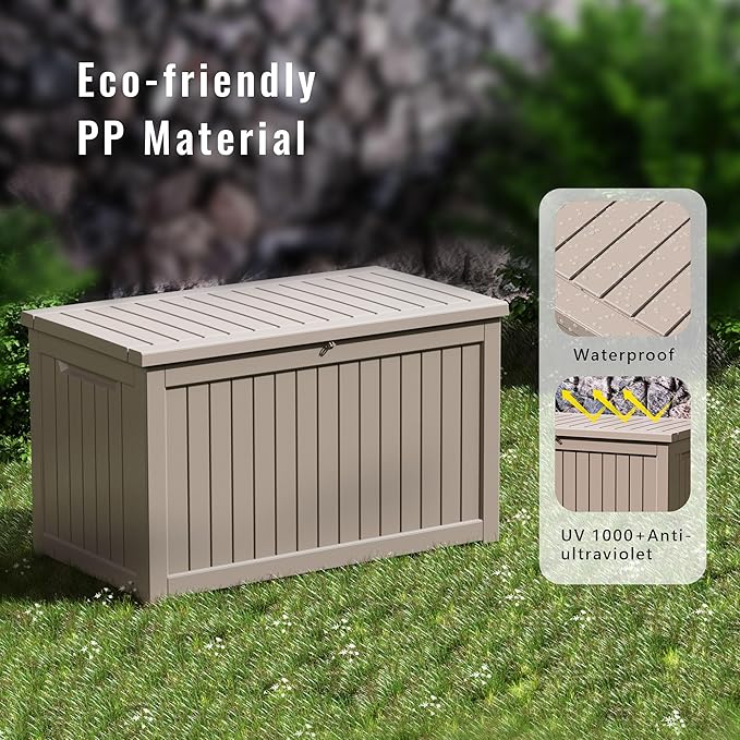 DRATO 230 Gallon Deck Box, Waterproof Resin Large Outdoor Storgae Box for Patio Furniture, Patio Cushions, Gardening Tools, Pool and Sports Supplies, Lockable-VerdiqueGarden