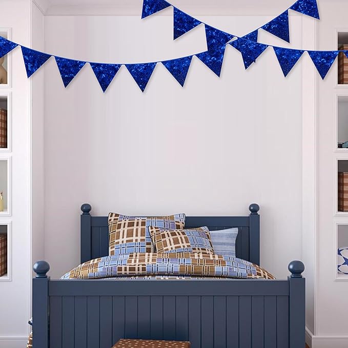 pinkblume Royal Blue Decorations Double Sided Sequin Navy Blue Fabric Triangle Pennant Banner Flag Bunting Garland for Blue Nautical Ahoy Achor Theme Nursery Classroom Home Bedroom Wall Decor-VerdiqueGarden