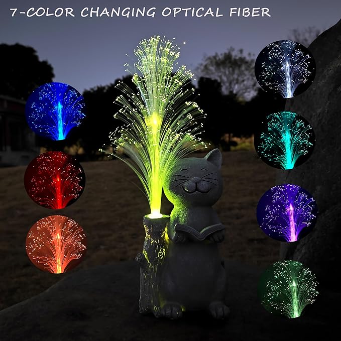 Cat Solar Garden Statues,Resin Cat Figurine Reading a Book and 7-Color Changing Optical Fiber with Solar Lights, Lawn Decor Outdoor Statue for Patio,Balcony,Yard,Lawn Ornament-VerdiqueGarden