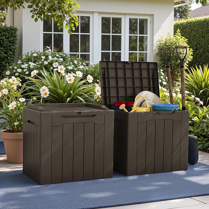 Greesum 31 Gallon Deck Box for Outside, All Weather Outdoor Storage Boxes for Patio Furniture Set, Package Delivery Box, Garden Tools, Brown(Set of 2)-VerdiqueGarden