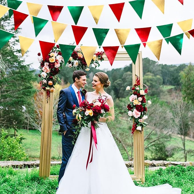 Christmas Party Decorations Triangle Pennant Banner Flag Red Green Gold Metallic Fabric Bunting Garland for Xmas Holiday Wedding Bridal Shower Birthday Bachelorette Graduation New Year Party Supplies-VerdiqueGarden