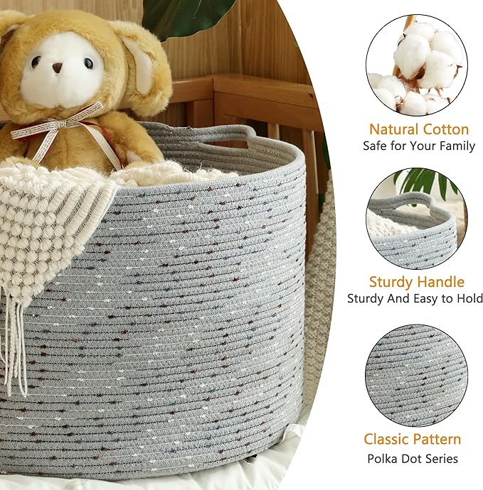 KAKAMAY Large Blanket Basket (20"x13"),Woven Baskets for storage Baby Laundry Hamper, Cotton Rope Blanket Basket for Living Room, Laundry, Nursery, Pillows, Grey with Blue & Brown Dotted-VerdiqueGarden