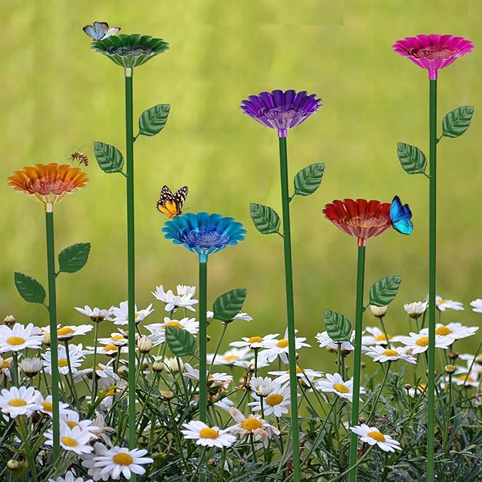 6 Pack Bee Watering Station, Bee Bath for Garden Metal Bee Water Feeder with Flower Design, Colorful Butterfly Bee Bath Bowl for Outdoor Garden Yard Decor-VerdiqueGarden