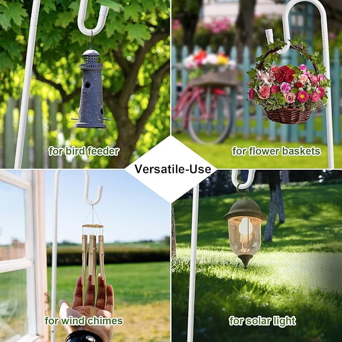 Hummingbird Feeder Pole for Outdoors - Heavy Duty Bird Feeder Stand with Adjustable Stake,62" Rustproof Shepards Poles with Hangers Holder for Birdfeeder,Wind Chimes,Lanterns,Wreaths,White-VerdiqueGarden