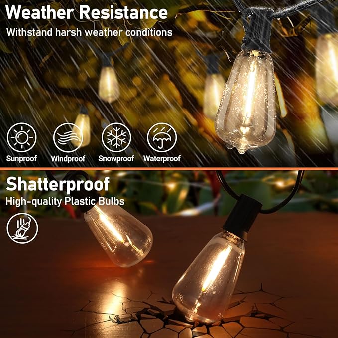 100FT Outdoor Solar String Lights with Remote, USB Rechargeable LED Patio Lights with 52 Timer Dimmable ST38 Edison Bulbs, Enhanced 5W Solar Panel Outside Hanging Lights for Porch Garden Deck Backyard-VerdiqueGarden