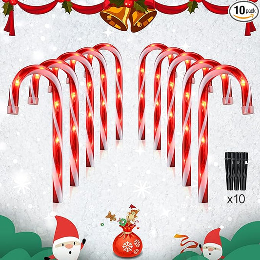 10" Christmas Candy Cane Lights - Set of 10 Pathway Markers Christmas Outdoor Yard Decorations, Xmas Candy Cane Stake Lights for Lawn, Walkway, Garden, Xmas Party Indoor Ornaments-VerdiqueGarden