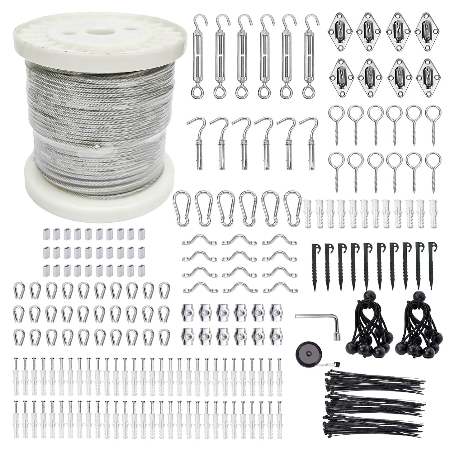 3/38" Wire Cable Rope Kit ，Vinyl Coated 304 Stainless Steel Wire – 300FT 7x7 Strand Cable with Turnbuckles，Shade Sail & Hanging Lights Hardware Kit for Outdoor, Garden,Patio, Crafts,-VerdiqueGarden