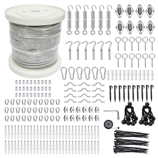 5/32" Wire Cable Rope Kit ，Vinyl Coated 304 Stainless Steel Wire – 300FT 7x7 Strand Cable with Turnbuckles，Shade Sail & Hanging Lights Hardware Kit for Outdoor, Garden,Patio, Crafts, Hanging Lights-VerdiqueGarden