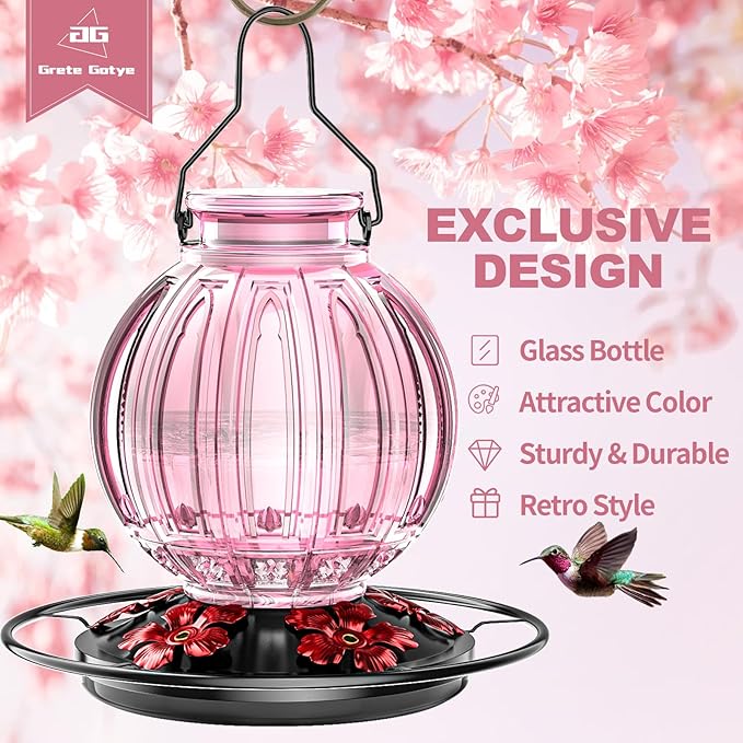 Glass Hummingbird Feeder for Outdoors Hanging, Bird Nectar Feeder with Perch & 5 Flower Feeding Ports, 26 Oz Leak Proof for Outside Garden Decor Backyard, Gifts for Women Mom, Pink-VerdiqueGarden