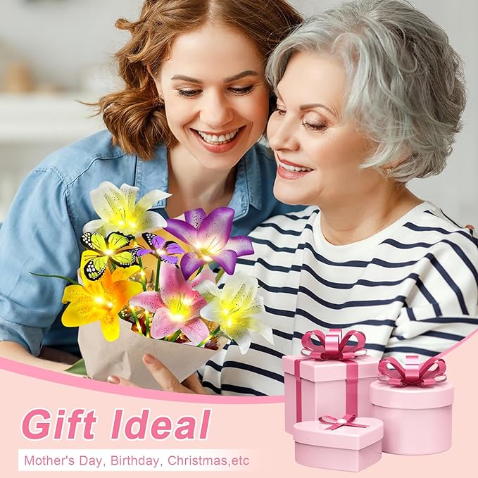 Solar Garden Lights Outdoor, 4 Pack Flower Lights for Outside, 16 Solar Lilies with Butterflies, Waterproof Garden Decor for Yard, Patio, Gifts for Women Mom (4 pcs Lilies)-VerdiqueGarden