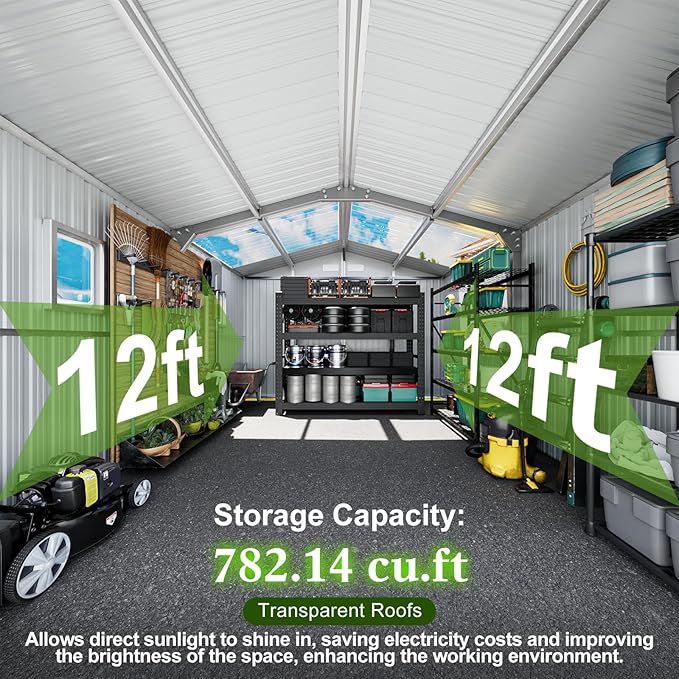 12x10 FT Metal Sheds & Outdoor Storage: Heavy Duty Garden Sheds with Dual Transparent Panels, DIY-installable Windows & Lockable Doors, Weatherproof Tool Shed for Backyard, Garden, Patio, Grey-VerdiqueGarden