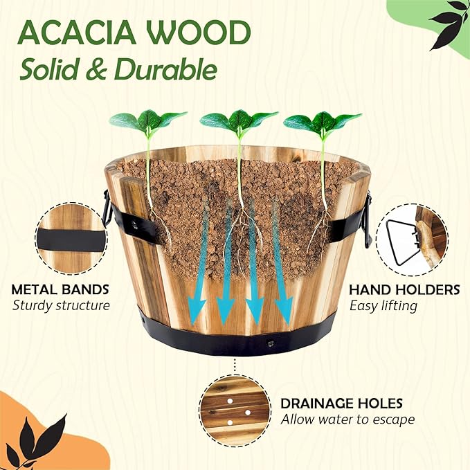 Idzo Set of 3 Wooden Flower Boxes Outdoor, Durable Acacia Wood Barrel Planters for Outdoor Plants with Ergonomic Handles, Drainage Holes, Multiple Sizes Wood Bucket Planter for Home Decor-VerdiqueGarden