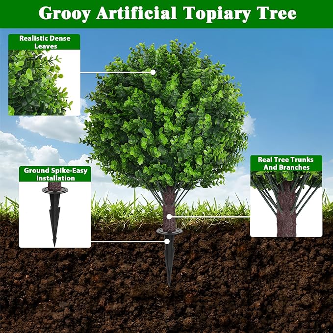 Artificial Topiary Tree with Eucalyptus, Set of 2 Artificial Shrub Bushes with Ground Spike, Fake Evergreen Tree for Porch, Artificial Plants for Outdoor Planters Indoor UV Resistant-VerdiqueGarden