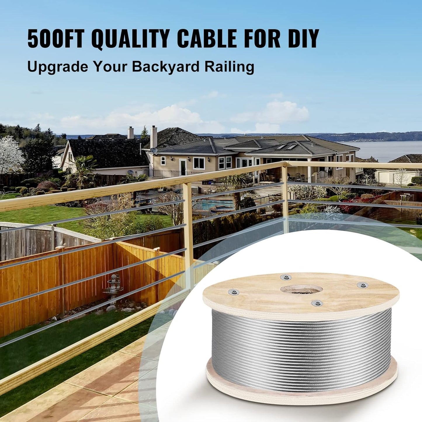 VEVOR 3/16 Stainless Steel Wire Rope 500ft, T316 Steel Wire Cable, Deck Railing 1x19 Strands Construction, 4200LBS Breaking Strength for Stair Handrail Clothesline-VerdiqueGarden