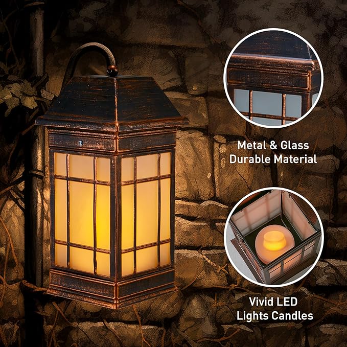 14" Solar Lantern Outdoor Waterproof, Glass Flickering Flame Solar Lanterns, Hanging Metal Lantern Decorative for Patio Front Porch Garden Backyard Tabletop Mothers Day Gifts Mom-VerdiqueGarden