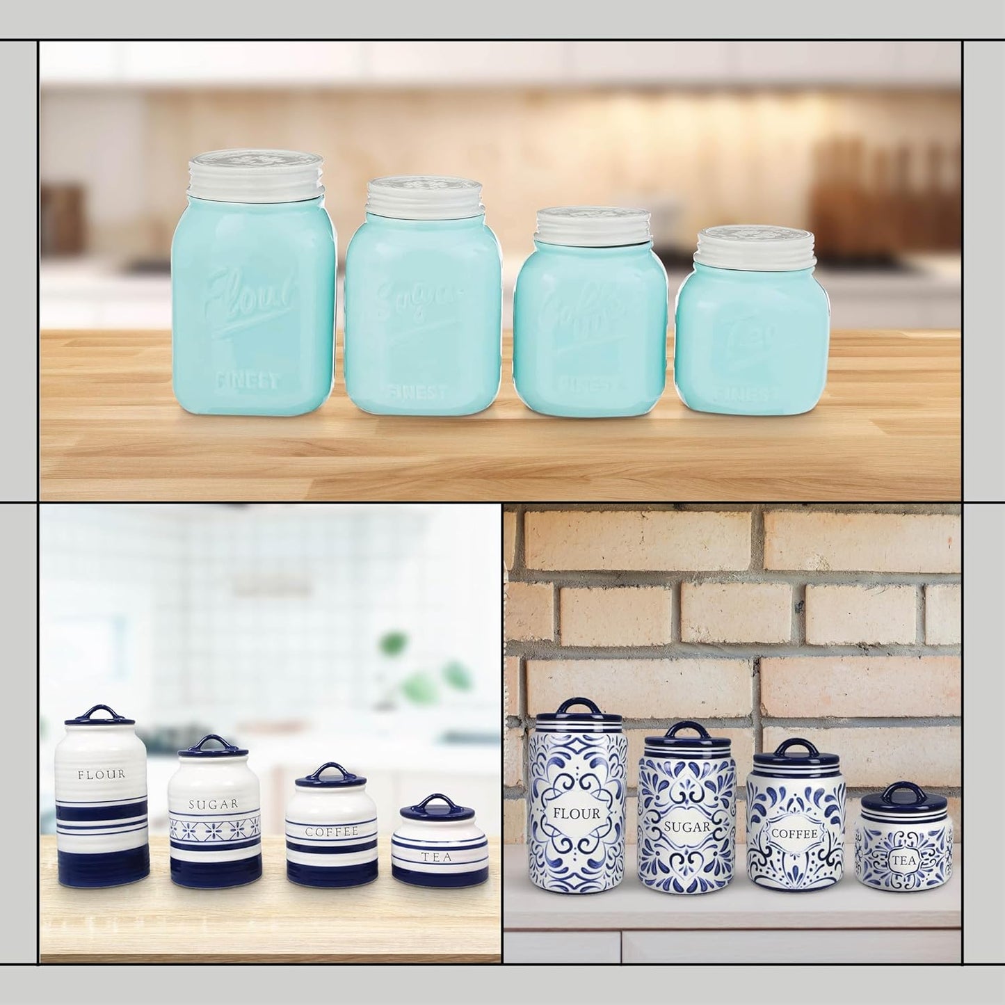 Young's Inc. 4 Pcs Set Vintage Ceramic Canisters- Storage Container for Kitchen and Bathroom - Beautiful Home Decor Accent to Store Food, Coffee, Tea, and More - Sky Blue-VerdiqueGarden