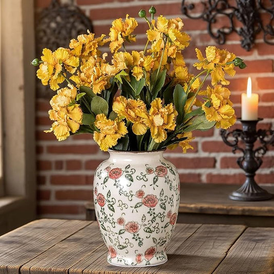 Green and Beige Vintage Round Vase, Red Rose Chinoiserie Floral Vase, Antique Decorative Ceramic Flower Vases for Bouquet, Home Decor, Living Room, Bookshelf, Office, Cottage Core Home Decor 8 Inch-VerdiqueGarden