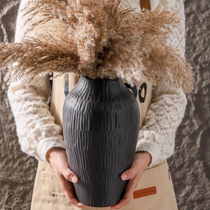 Elegant Black Ceramic Vase - Modern Minimalist Home Decor Vase, Centerpiece for Living Room, Dining Table, Office - 11.6 Inches Tall, Handcrafted Pottery for Farmhouse, Boho, Contemporary Style-VerdiqueGarden