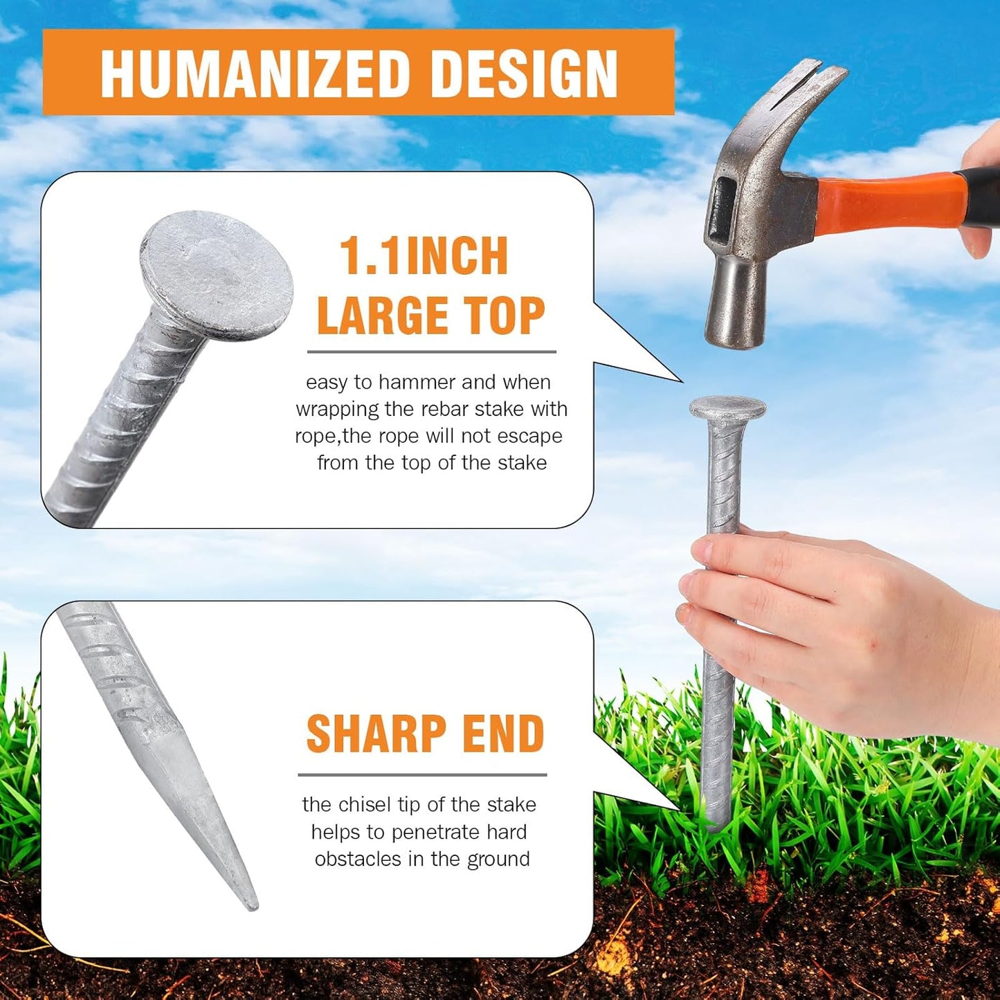 Tandefio 24 Pcs 14 inch Rebar Stakes, 1/2 Inch Diameter Threaded Galvanized Steel Ground Anchors Plant Support Garden Stakes, Heavy Duty Metal Landscape Spikes for Speed Bump Tent-VerdiqueGarden