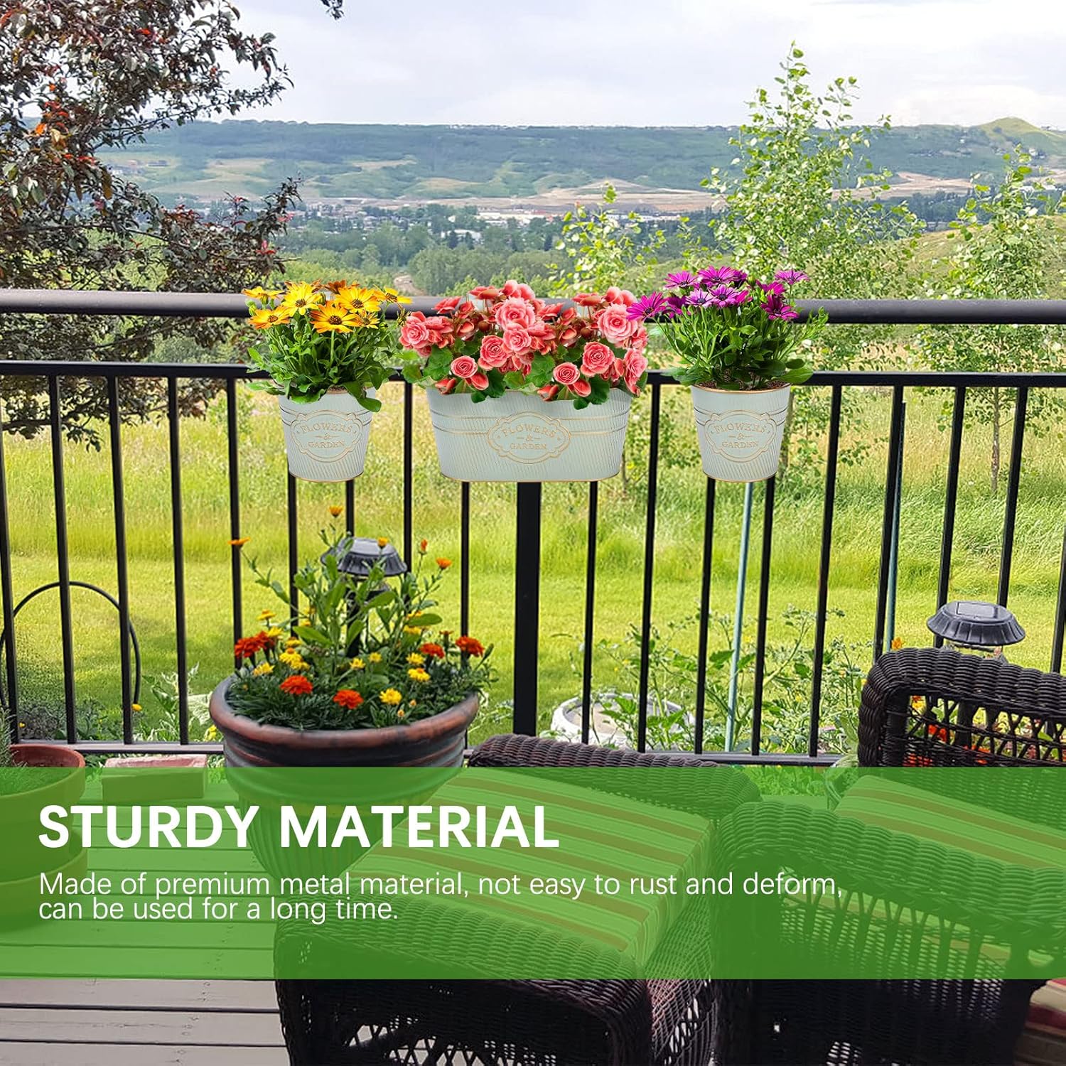 PerGar Vintage Metal Iron Wall Hanging Flower Pots, Rustic Planter Bucket Herb Flower Plant Holder with Detachable Hooks & Drainage Hole for Railing Fence Balcony Deck Garden Home Decoration, Set of 3-VerdiqueGarden