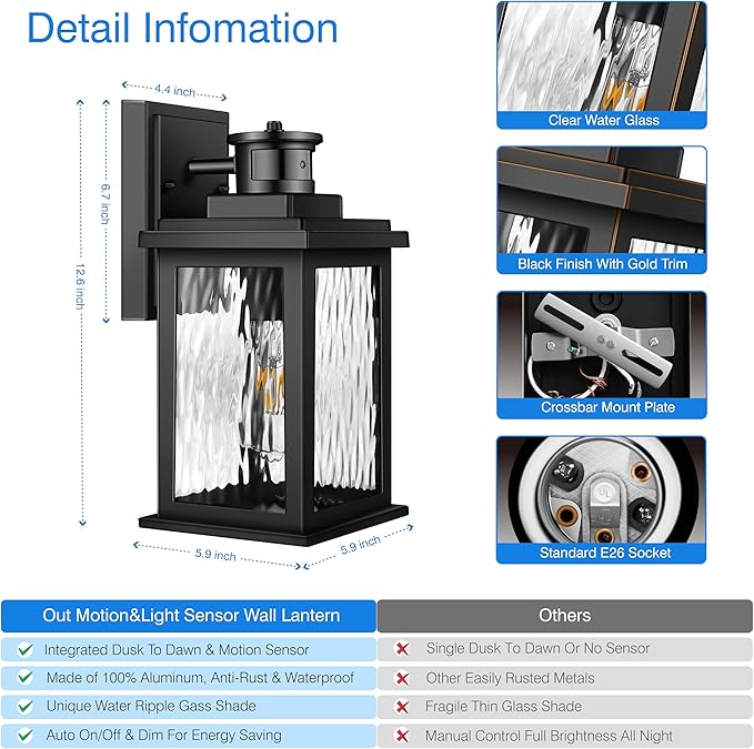 VIANIS Porch Lights Outdoor with Motion Sensor, Dusk to Dawn Outdoor Wall Lights Lantern, Anti-Rust Matte Black Outside Light Fixture Sconce for House, Patio, Garage, Waterproof-VerdiqueGarden