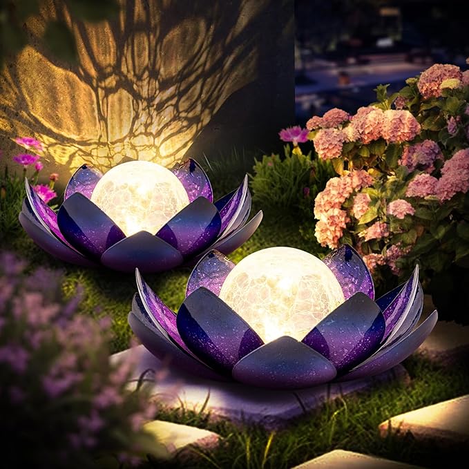 Huaxu Solar Lights for Outdoor Decor, Purple Lotus Flower Light, Waterproof LED Crackle Globe Glass Lamp for Garden, Patio, Yard, Porch, Pathway, Ground, Tabletop Christmas Gifts for Mom,Women-VerdiqueGarden