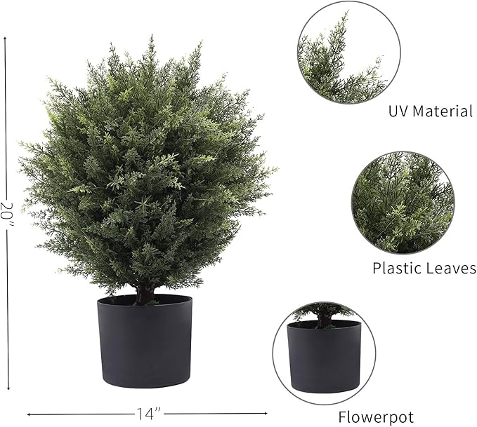 21” Artificial Cedar Outdoor Artificial Shrub Sunlight Resistant Leafy Potted Plant for Indoor Porch of Home and Office Artificial Outdoor Tree 2 Pieces a Set Topiary Trees-VerdiqueGarden