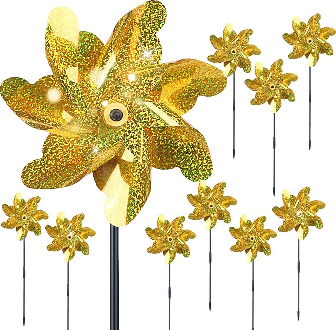 BATTIFE Golden Pinwheels for Garden, 10 Pack Reflective Wind Spinner to Scare Birds Away, Sparkly Pinwheel Deterrent, Outdoor Gold Pinwheel for Lawn and Patio-VerdiqueGarden