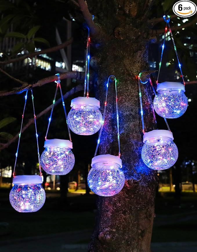 Solar Lantern Solar Lights Outdoor Waterproof 6-Pack, Solar Powered Hanging Lights Cracked Glass Hanging Globes for Christmas Decoration, Shepherd Hook, Garden Tree Ornaments,White Cap, Multi-Color-VerdiqueGarden
