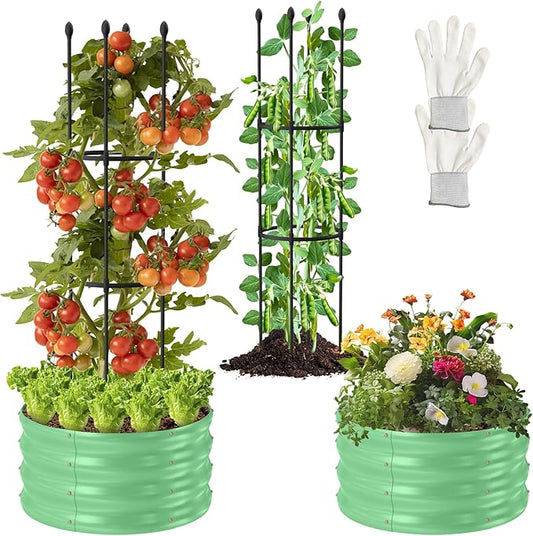 1 Pack Raised Garden Beds Outdoor, Galvanized Metal Raised Garden Bed with Trellis, 23.6x23.6x60in Tomato Cages for Garden Planters Box with Trellis for Climbing Plants Vegetable Vine Flowers-VerdiqueGarden