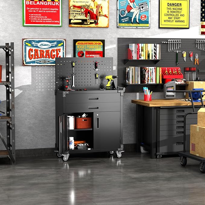 Tool Chest, Tool Cart with 2 Drawer and Lockable Doors, Garage Storage Cabinet with Wheels, Pegboard and 4 Hooks for Garage, Workshop, Metal Tool Storage Cart-VerdiqueGarden