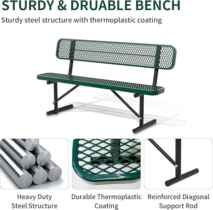 4/6/8 Feet Park Bench for Outside Heavy Duty Metal, Garden Benches Outdoor Bench with Backrest & Portable Frame, for Shopping Malls Stores Parks Patios Decks, Green-VerdiqueGarden
