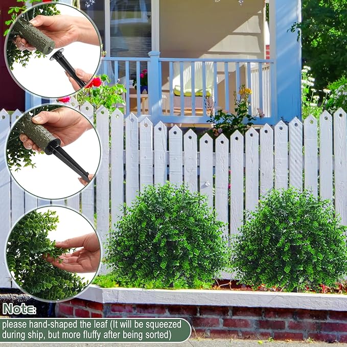 Yunlly 10 Pcs 18 Inch Artificial Boxwood Ball Topiary Tree Fake Outdoor Plants Bush, UV Resistance Faux Shrubs with Spike Realistic Greenery Potted for Indoor Garden Yard Porch Patio Decor (Green)-VerdiqueGarden