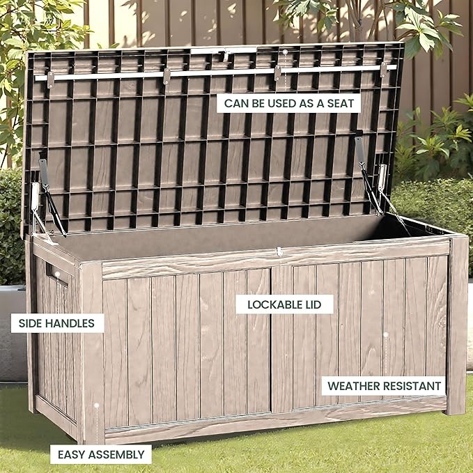 120 Outdoor Storage Box, Waterproof Resin Deck Box for Indoor & Outdoor Use, Lockable Storage Bench with Piston Hinge, Storage Bin for Patio Cushions, Garden Tools, Package Delivery, Grey-VerdiqueGarden